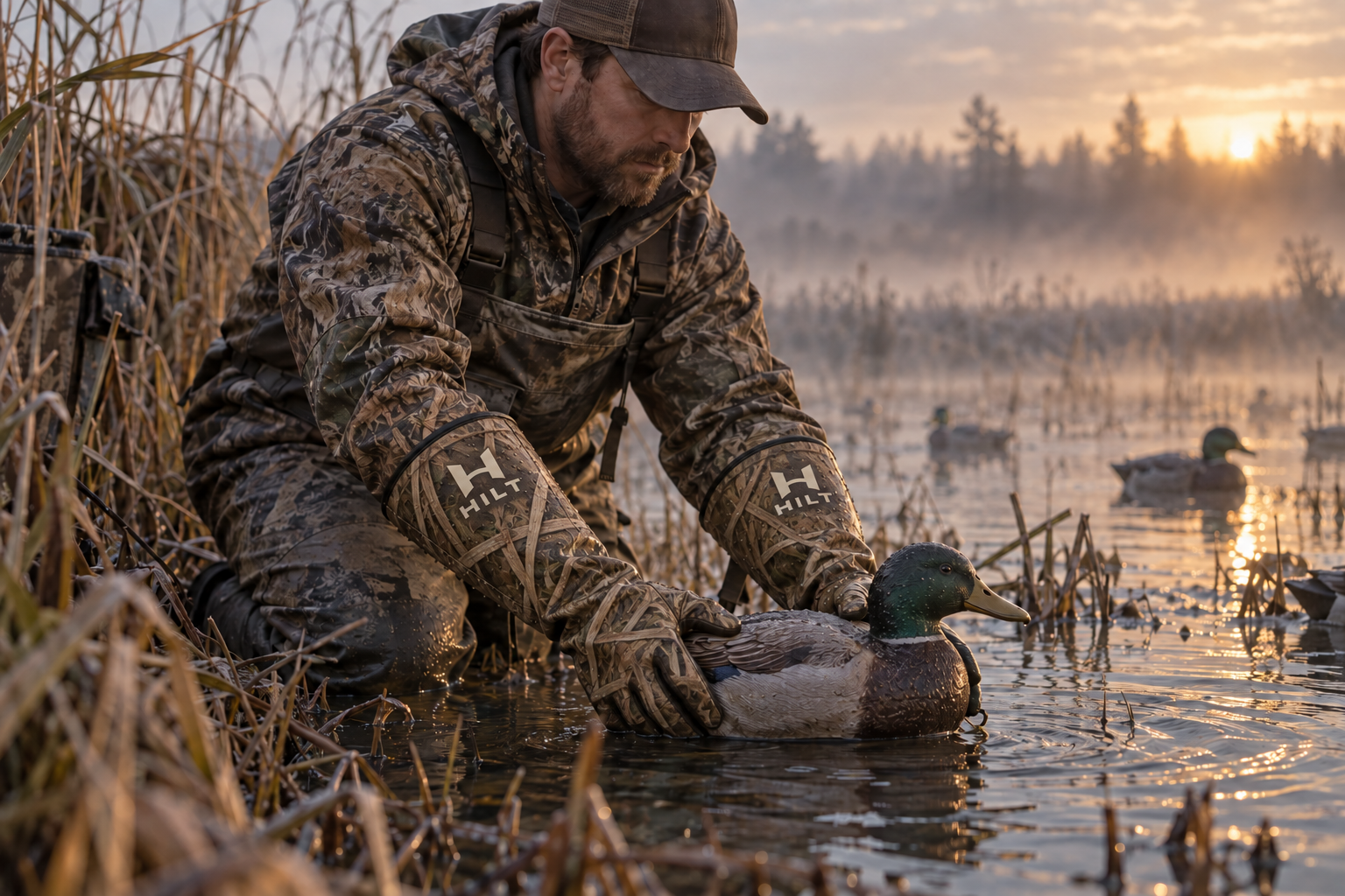 AI concept of a duck hunter handling a decoy beside a marsh in HILT camo gloves