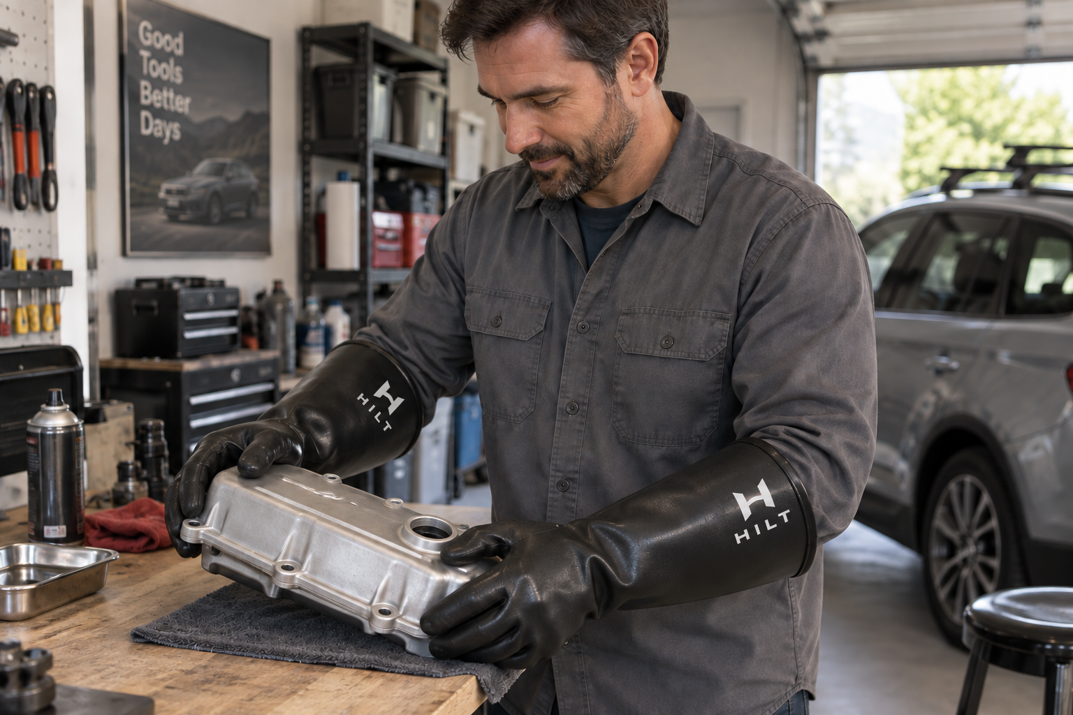 AI concept of a man handling a cool metal car part at a garage workbench with black HILT gloves